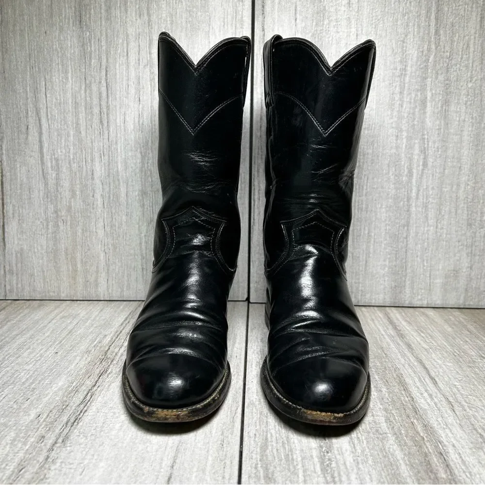 Justin Black Leather Round Toe Cowboy Boots Western Rodeo Youth Girls Size 4